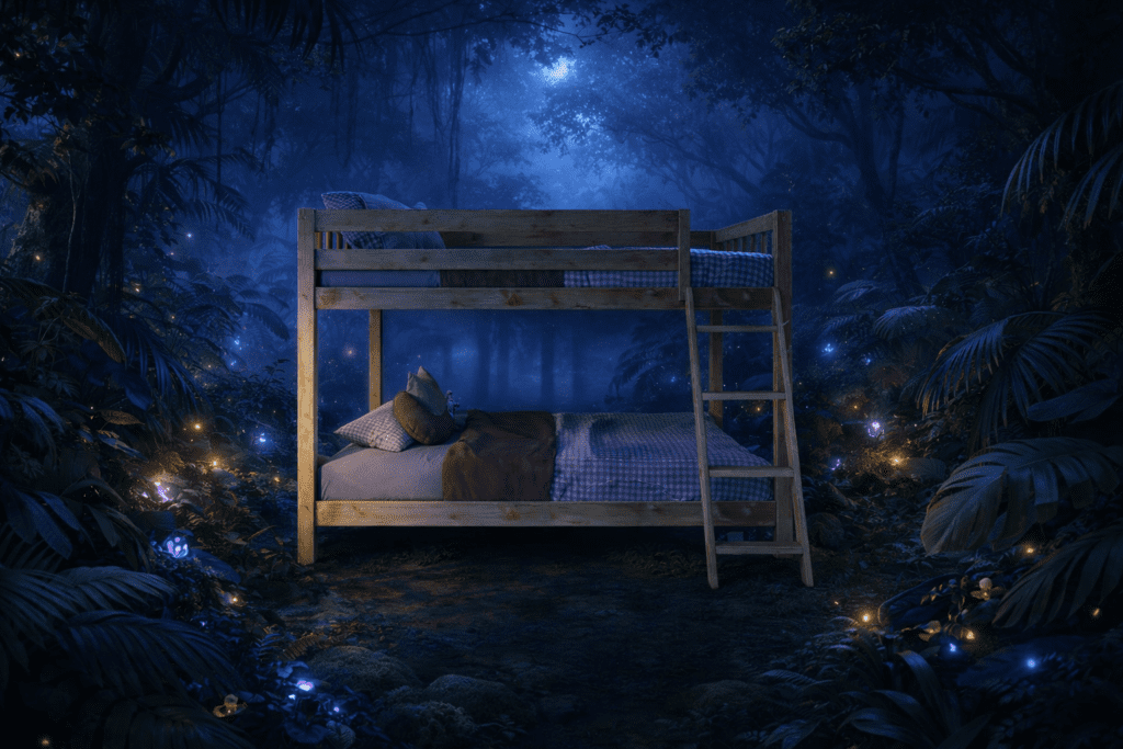 Wooden bunk bed placed in a cinematic nighttime forest environment, combining product photography with AI-generated scenery