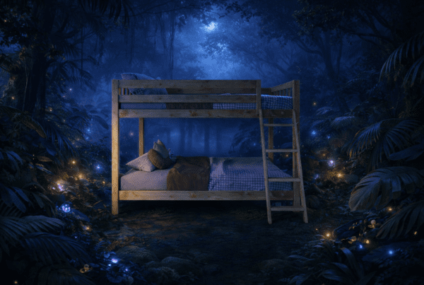 Wooden bunk bed placed in a cinematic nighttime forest environment, combining product photography with AI-generated scenery