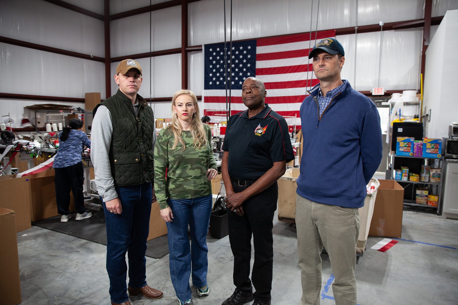 Allegiance Flag Supply 250th Anniversary Commercial - Veteran Cast Four veterans pose together inside the Allegiance Flag Supply facility during production of the America 250th Anniversary TV commercial